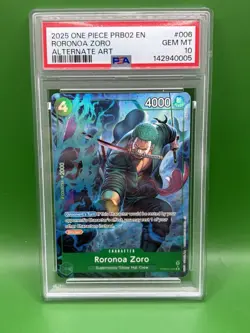 PSA 10 Gem Mint One Piece PRB02-006 Roronoa Zoro Alternate Art English - Image 1