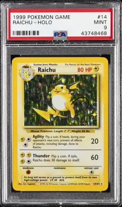 1999 POKEMON BASE SET UNLIMITED #14 RAICHU-HOLO PSA 9 - Image 1