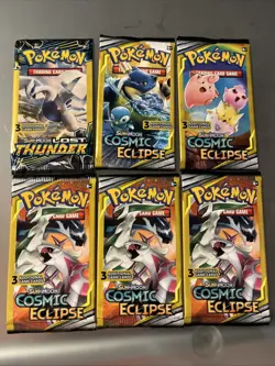Lot of 6 Sun & Moon 3-card Packs: 5 Cosmic Eclipse, 1 Lost Thunder Pokemon TCG - Image 1