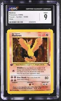 CGC 9 MINT Moltres 1999 Fossil Set 1st Edition 12/62 Holo Pokemon TCG Card WOTC - Image 1