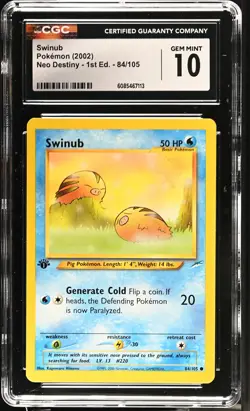 CGC 10 GEM MINT Swinub 2002 Neo Destiny 1st Edition 84/105 Pokemon Card - Image 1