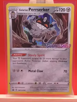 STAFF Galarian Perrserker SWSH008 Sword & Shield Prerelease Promo Pokemon Card - Image 1