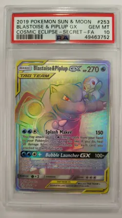 2019 POKEMON SUN & MOON COSMIC ECLIPSE #253 BLASTOISE & PIPLUP GX PSA 10 - Image 1