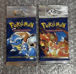 1999 Pokemon Long Crimp Base Set Booster Pack Charizard & Blastiose 2 packs - Image 1