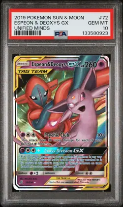 2019 POKEMON SUN & MOON UNIFIED MINDS #72 ESPEON & DEOXYS GX PSA 10 - Image 1