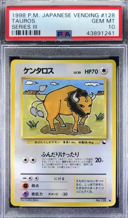 Pokemon Japanese Ori Vending 128 Tauros Series 3 1998 Card III PSA 10 43891241 - Image 1