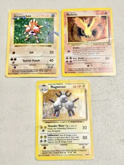 Vintage Pokemon 3 Card Lot Hitmonchan Moltres Magneton DAMAGED - Image 1