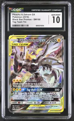 CGC 10 GEM MINT Pikachu & Zekrom GX 2019 Promo SM168 Tag Team Pokemon Card psa - Image 1