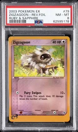 2003 POKEMON EX RUBY & SAPPHIRE #79 ZIGZAGOON-REVERSE FOIL PSA 8 - Image 1