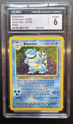 CGC 6 Graded Blastoise 1999 Base Set 2/102 Holo Rare Pokemon Card - Image 1