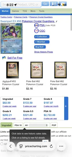 Swampert ex 98/100 EX Crystal Guardians Holo Ultra Rare CGC 8.5 Pokemon Card - Image 3