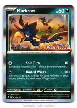 Murkrow SVP021 - Paldea Evolved - STAFF Stamped Prerelease Pokemon Card - Image 1