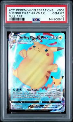 2021 POKEMON CELEBRATIONS #009 FULL ART/SURFING PIKACHU VMAX PSA 10 GEM MINT - Image 1