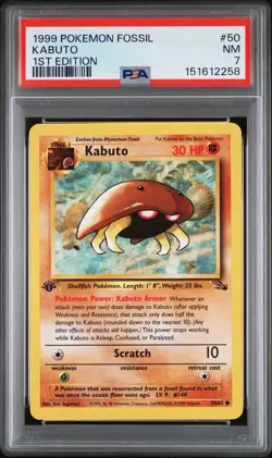 Pokemon TCG Kabuto Fossil 1st Edition Common Card 50/62 Regular NM PSA 7 - Image 1