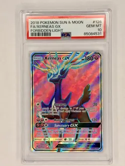 PSA 10 Gem Mint 2018 Pokemon SUN & MOON FORBIDDEN LIGHT #126 XERNEAS GX Full Art - Image 1