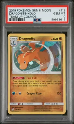 2019 POKEMON SUN & MOON TEAM UP COSMOS #119 DRAGONITE-HOLO PSA 10 - Image 1