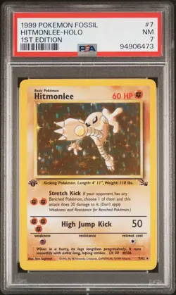 1999 POKEMON FOSSIL 1ST ED #7 HITMONLEE-HOLO PSA 7 - Image 1