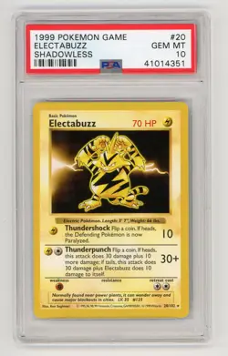 Pokemon Base Set 1999 Shadowless Electabuzz PSA 10 Gem Mint 20/102 - Image 1