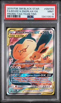 2019 POKEMON SM BLACK STAR PROMO TAG TEAM TINS FULL ART/EEVEE & SNORLAX GX PSA 9 - Image 1