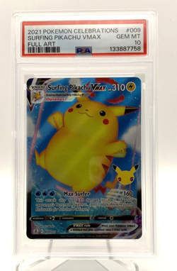 2021 POKEMON CELEBRATIONS #009 FULL ART/SURFING PIKACHU VMAX PSA 10 - Image 1