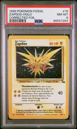 Pokemon Zapdos #15/62 Corrected Foil Holo Rare - 1999 Unlimited Fossil - PSA 8 - Image 1