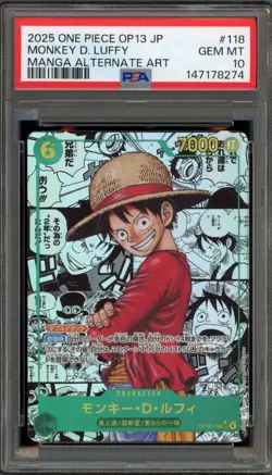 One Piece CCG Monkey.D.Luffy Japanese Manga Alternate Art OP13-118 PSA 10 - Image 1
