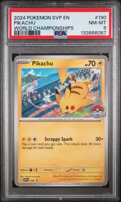 2024 POKEMON SVP EN-SV BLACK STAR PROMO WORLD CHAMPIONSHIPS #190 PIKACHU PSA 8 - Image 1