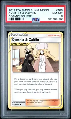 2019 POKEMON SUN & MOON COSMIC ECLIPSE #189 CYNTHIA & CAITLIN PSA 8 - Image 1