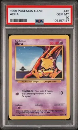 1999 POKEMON GAME #43 ABRA PSA 10 GEM BASE SET UNLIMITED - Image 1
