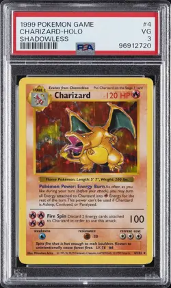 1999 POKEMON BASE SET SHADOWLESS #4 CHARIZARD-HOLO PSA 3 - Image 1