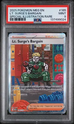 2025 Pokemon Mega Evolution Base #185 SIR Lt. Surge's Bargain PSA 9 Mint - Image 1