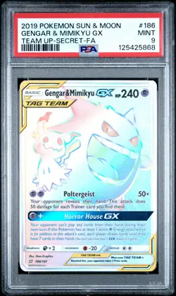 2019 POKEMON SUN & MOON TEAM UP SECRET #186 FULL ART/GENGAR & MIMIKYU GX PSA 9 - Image 1