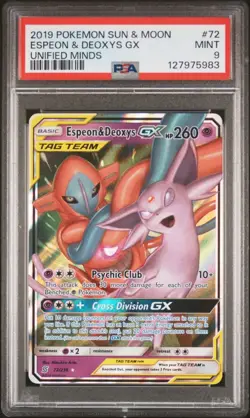 POKEMON 2019 SUN & MOON UNIFIED MINDS ESPEON & DEOXYS GX #72 PSA 9 - Image 1