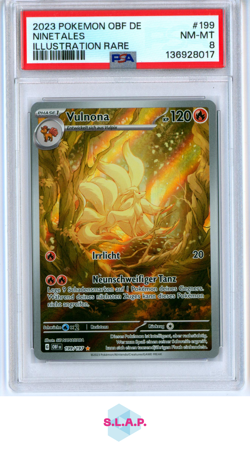 NINETALES ILLUSTRATION RARE POKEMON GERMAN OBF DE-OBSIDIAN FLAMES 2023 199 PSA 8 - Image 1