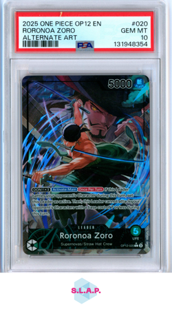 RORONOA ZORO ALTERNATE ART ONE PIECE OP12-LEGACY OF THE MASTER 2025 020 PSA 10 - Image 1