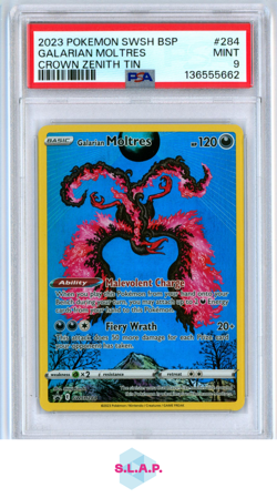 GALARIAN MOLTRES CROWN ZENITH TIN POKEMON SWSH BLACK STAR PROMO 2023 284 PSA 9 - Image 1