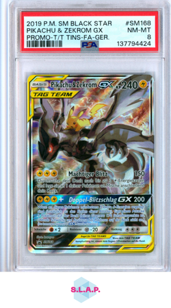 PIKACHU & ZEKROM GX PRM-T/T TINS-FA-GE POKEMON SM BLCK STR PRM 2019 SM168 PSA 8 - Image 1