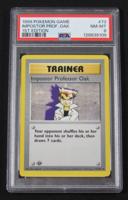 1999 Pokemon Game TRAINER IMPOSTOR PROFESSOR OAK 1st Edition 73/102 PSA 8 NM-MT - Image 1