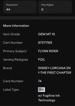 PSA 10 Disney Lorcana Flynn Rider #74 Foil EN 1 First Chapter 2023 - Image 2