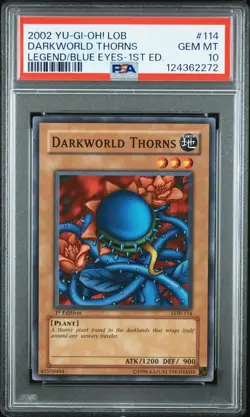 2002 YU-GI-OH! LOB-LEGEND OF BLUE EYES WHITE DRAGON #114 DARKWORLD THORNS PSA 10 - Image 1