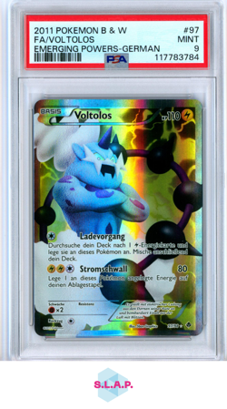 VOLTOLOS POKEMON 97 2011 EMERGING POWERS FULL ART GERMAN PSA 9 - Image 1