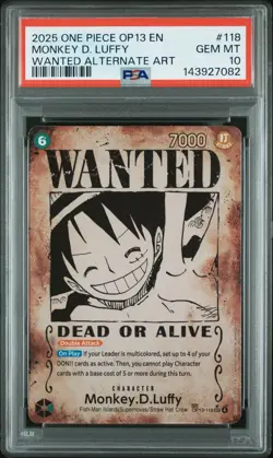 One Piece Monkey D. Luffy SP Wanted Poster OP13-118, English, PSA 10, GEM MT - Image 1
