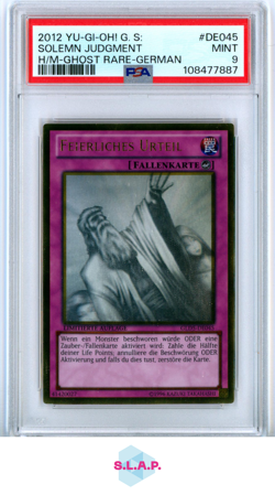 SOLEMN JUDGMENT H/M-GHOST RARE-GER YU-GI-OH! GOLD SERIES 2012 DE045 PSA 9 - Image 1