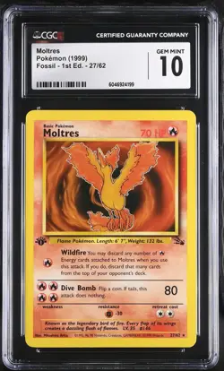 1999 Pokemon Fossil Moltres 1st Edition CGC 10 #27/62 - Image 1