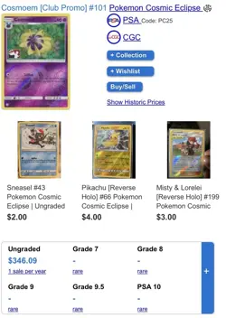 Pokemon Cosmoem Cosmic Eclipse Club Promo Reverse Holo #101 Rare Card - Image 1
