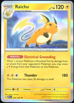 Pokemon TCG Raichu 026/165 2023 Scarlet & Violet 151 Holo Rare Card - NM - Image 1