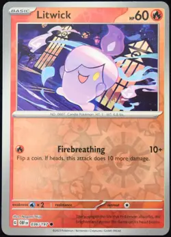 Pokemon TCG Litwick 036/197 Obsidian Flames Reverse Holo Common Card - LP - Image 1
