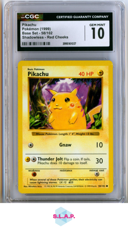PIKACHU BASE SET (SHADOWLESS) SHADOWLESS RED CHEEKS 58/102 POKEMON CGC 10 - Image 1
