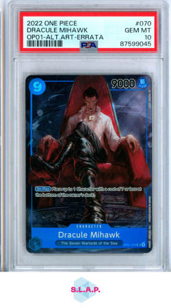 DRACULE MIHAWK ALTERNATE ART-ERRATA ONE PIECE OP01-ROMANCE DAWN 2022 070 PSA 10 - Image 1