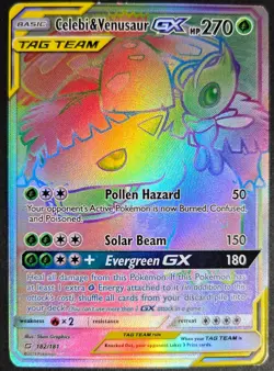 Pokemon Sun&Moon Team Up Rainbow Secret Rare Celebi & Venusaur GX 182/181 LP - Image 1